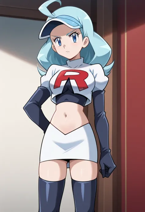 score_9, score_8_up, score_7_up, source_anime, 1girl,  anime screencap, kahili, blue hair, ahoge,blue cap, blue eyes, medium breasts, adult body, thighs, looking at viewer, team rocket,team rocket uniform,white skirt,red letter R,crop top,black thigh-highs...