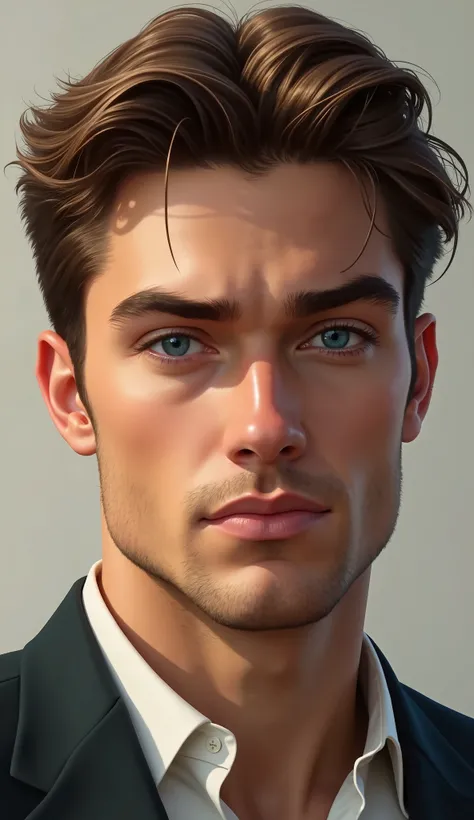 A man with bright blue eyes, chestnut hair, Average complexion, a sculpted chin and an upturned nose
