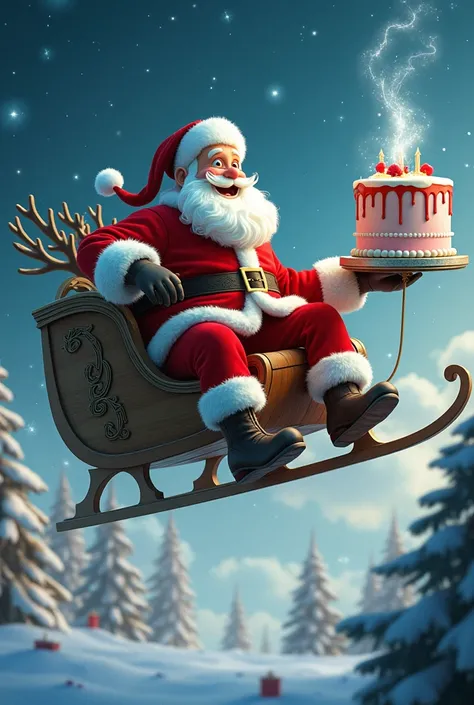 Santa Claus arrives on a sleigh with reindeer and brings a cake from the sky.

"Merry Christmas and a Happy New Year!
Celebrate sweetly and joyfully!"