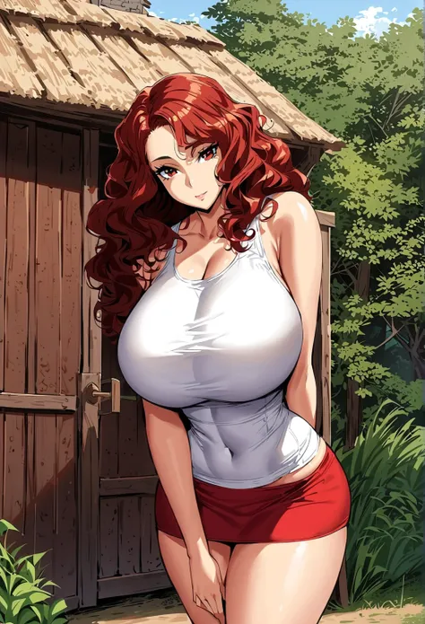 ( better quality:1.3), ((perfect hands)), ((piel morena)), (( wavy hair)),((thoughtful face)), (( detailed face )), (( curvy body )), (( Very large breasts )), sexy, ((Short red mini skirt)), ((Entrance of a farm with a wooden house)), ((white tight crop t...