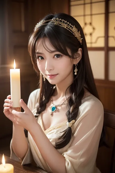 top quality, masterpiece,  nothing , 1 female, Age 35,  Japanese , Western-style fortune teller costume ,  hair accessory as Kamui ,  necklace, gem,  beautiful faces,  gentle smile , On top of that_body, tyndall effect,  photorealistic, Divination Room,  c...