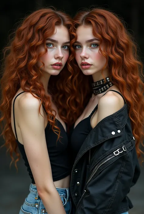 help me create an image of twins long curly hair, white skin and punk style 