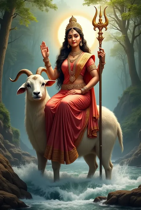 Durga maa  sitting on goat,  surrounding, wearing red devine saree and pink blouse . Devine looks, . Blessing from hand in trident backgound river forest