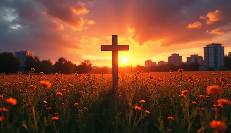 A sprawling meadow filled with blooming wildflowers under a vibrant sunset. At the center stands a simple wooden cross, silhouetted against the fiery hues of the sky, evoking peace and spiritual reflection."
Negative Prompt: "overcast sky, lack of flowers,...