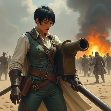  Highly detailed and very beautiful digital art ,  unrealistic style ,  digital painting .  A 30-year-old woman , quite loud , robust and muscular,  with short black hair  (#000000),  is standing on a barren battlefield .  Her face displays a confident and...