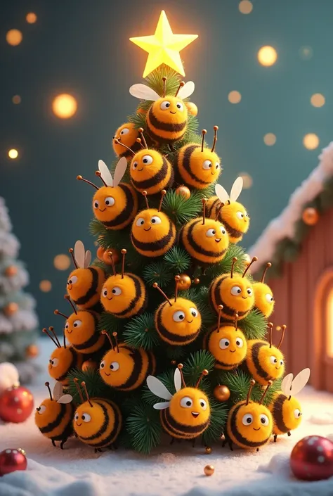 A Christmas tree made up of friendly bees, presented as Pixar drawings 