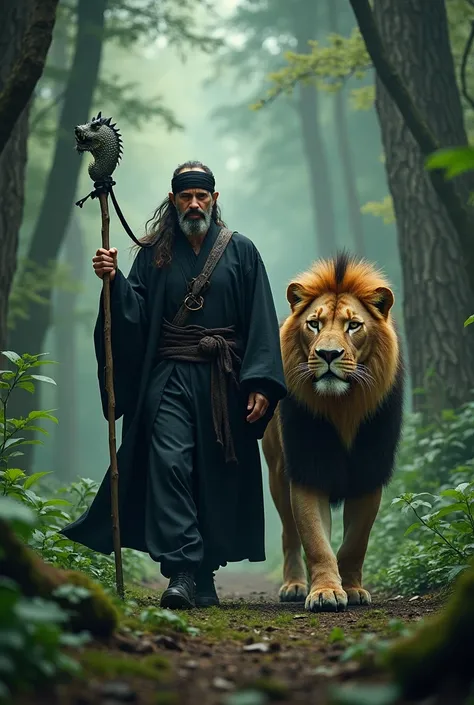 A middle-aged man bwrall-black outfit ,  wearing a black headband carrying a dragon-headed stick walks with an adult and large male lion in the forest