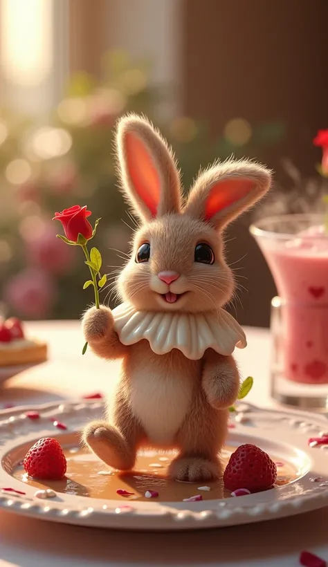  create a delicious ice cream effect , with flowing waterfalls  ，, , the delicious ice cream effect of cigarette smoke ， shaped like a vase with blooming flowers ，  and a furry Angora rabbit made of ice cream and chocolate is dancing on an upscale dinner p...