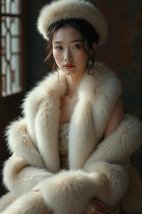 A beautiful chinese women, with a fur cap on , a silver fox fur stole, sitting upright and holding out to the spectator a huge fur muff into which the whole of her forearm had vanished