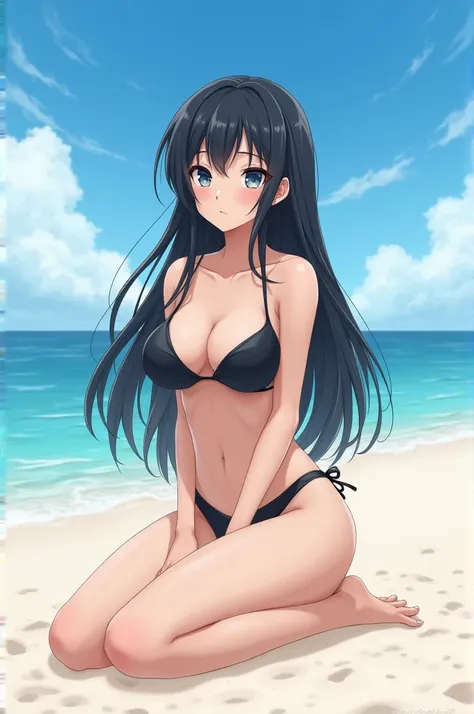 Perempuan anime kulit putih rambut hitam panjang pakai baju bikini hitam duduk di pantai 
