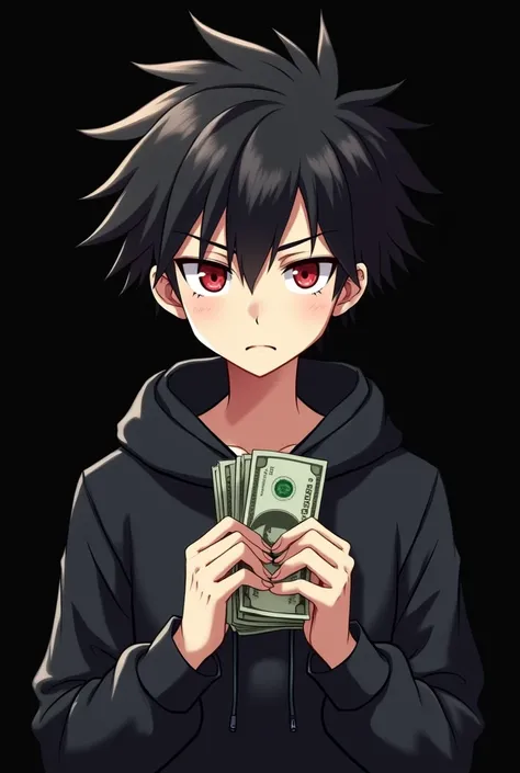 Anime boy , Spiky hair , black hair , black hoodie , red eyes , narrowed eye , handsome , counting money , blank black background , chibi