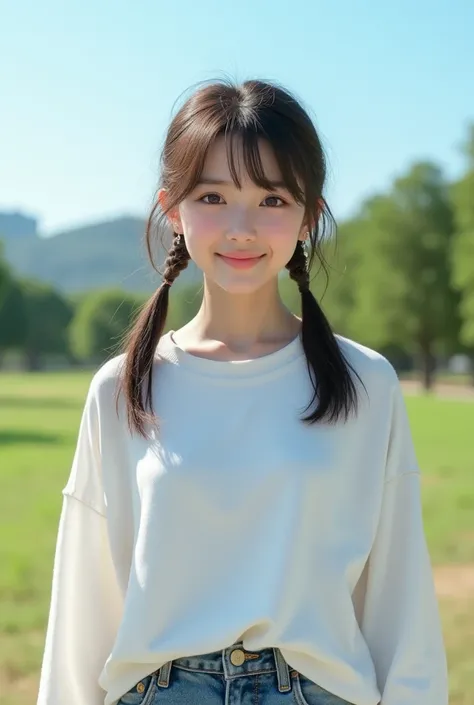 8k, realistic 、 hyperrealistic 、The location is a large park 、 clear blue sky can be seen 、Bright sunlight from the front 、 The main character is a beautiful  Japanese girl wearing a loose long-sleeved white t-shirt、Im wearing jeans、Younger looking face、 s...