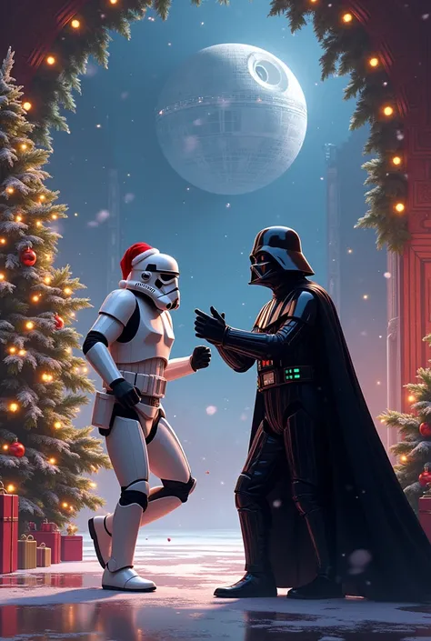 Storm Trooper and Darth Vader celebrate Christmas.  They have great fun ! They dance and sing .  The Death Star is decorated for Christmas