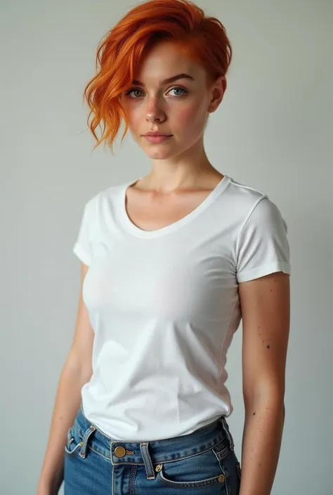 (photorealism:1.2), irish Redhead woman, very short hair, flackes, atletic boddy. White t-shirt, jeans pants