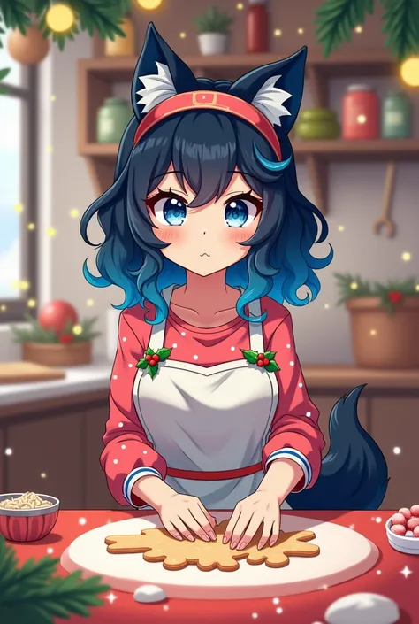 Make a human woman half wolf curly hair black and blue light blue eyes with Christmas clothes making cookies Anime version 