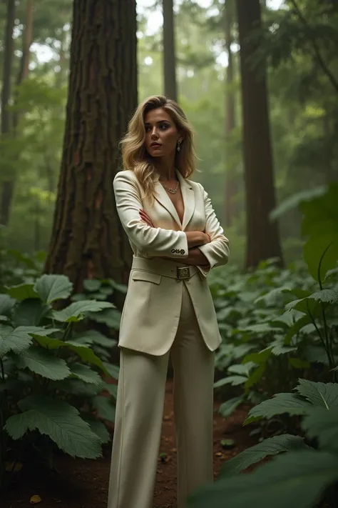 Generate an image of Kat Graham ,  with elegant clothes,  Chanel hair,  arms crossed and a deep look,  in the middle of a forest 