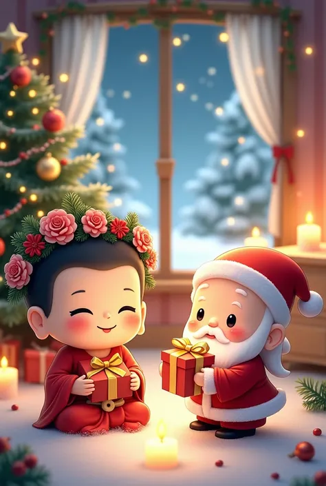 

"An adorable and heartwarming scene of a festive celebration, featuring a cute Buddha figure with a flower wreath on the head and Santa Claus holding a gift box, both depicted in a chibi art style. The background includes a Christmas tree decorated with ...