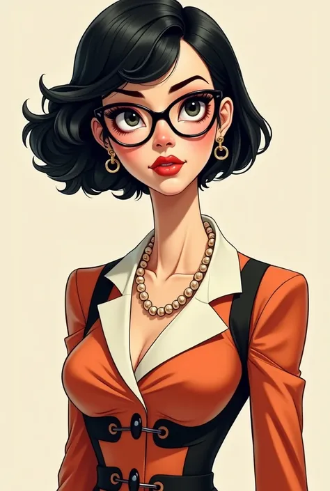 Adult lady with glasses short black hair and elegant cartoon clothes