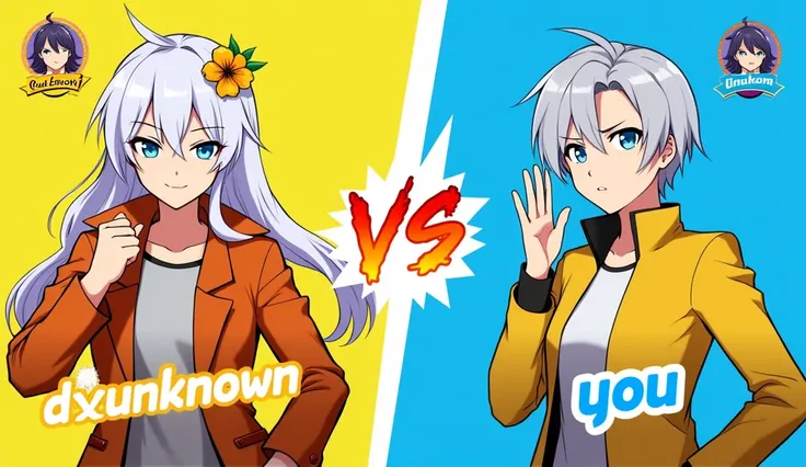 
"Create a dynamic gaming thumbnail featuring two characters in a competitive face-off style. One character has white hair, a floral accessory, and an orange jacket with a confident expression. The other has short gray hair, a sleek yellow jacket, and a sh...