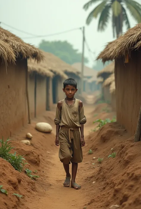 A small, humble village where a poor young boy named Sameer lives. He works tirelessly every day, struggling to make ends meet. The surroundings are simple: mud huts, dirt roads, and fields that require hard work. The boy is dressed in modest clothes and i...