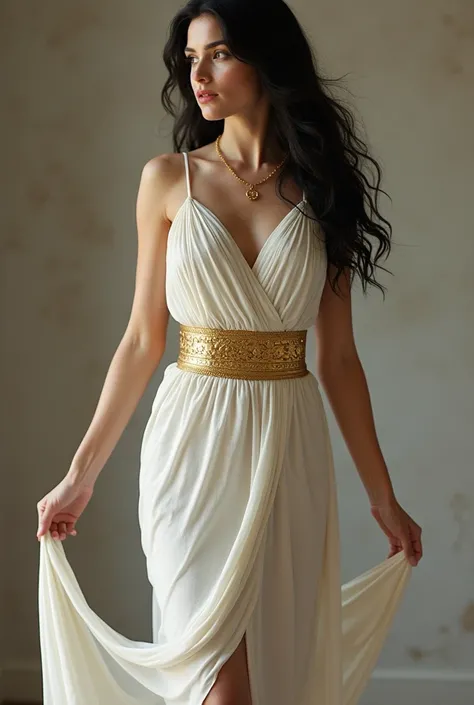  A Greek goddess wearing a long white dress open on both muscular legs and large breasts,  her body is filled with gold ornaments just like the waist has a gold rim ,  her hair is long black and smooth , and her eyes are bright red  