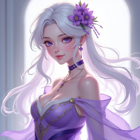 Create anime woman with white hair and purple eyes, wearing a purple and white Dunhuang  Hanfu dress and gold accessories 