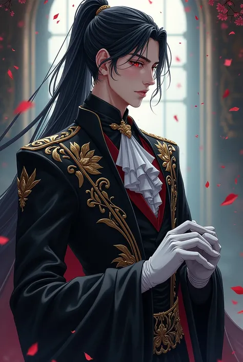 a man,  long black hair with a ponytail , Ojos rojos,  wearing a full black prince costume and white gloves,  anime style 