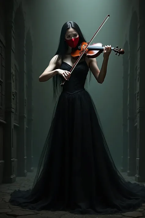 a woman dressed in black, long hair, wearing red mask, playing the violin, dar ambience