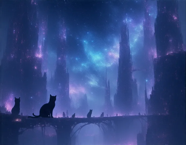 A futuristic city built entirely by cats in space, with glowing skyscrapers shaped like cat paws and tails. Cats float between buildings on hoverboards and cosmic bridges, while shooting stars and colorful nebulae illuminate the sky. The city is vibrant wi...