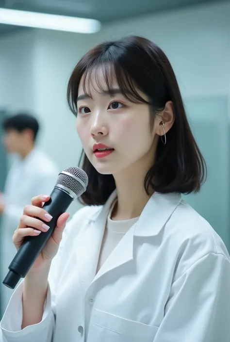 8k, RAW photo, best quality, Research Presentation, Woman in a white coat , microphone,  Korean woman 