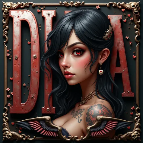 WRITE IN PORTUGUESE THE WORD DIABA ,  WITH BEAUTIFUL SILVER RED LETTERS WITH A SMOKY BACKGROUND AND A SEXY YOUNG WOMAN WITH BIG BLACK HAIR TATTOOED WITH RED EYES ON THE SIDE OF THE SIGN WITH SKULLS ON THE SIDE AND ADD DECORATION CAVES WITH ROUND WINGS AND ...