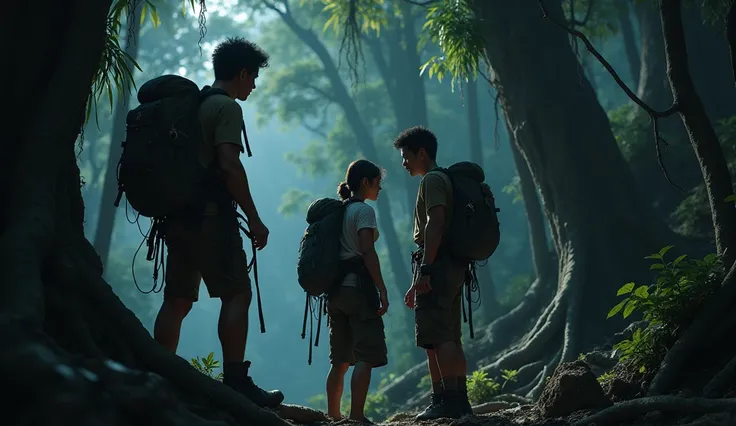 Two Indonesian male climbers are talking to a female Indonesian climber dressed in shabby and dirty clothes, trapped in the forest, there are many big trees and roots, the atmosphere is dark at night