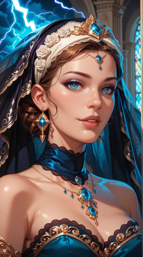  Portrait of an inhuman woman ， wearing a shiny headpiece， charming eyes ，mysterious magic， complex costume ， solemn posture ，Lace headscarf ，veil， Elegant costume ，Mystery，color illustration，lightning magic