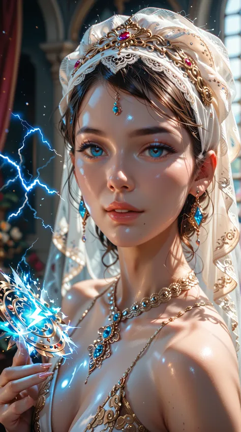  Portrait of an inhuman woman ， wearing a shiny headpiece， charming eyes ，mysterious magic， complex costume ， solemn posture ，Lace headscarf ，veil， Elegant costume ，Mystery，color illustration，lightning magic