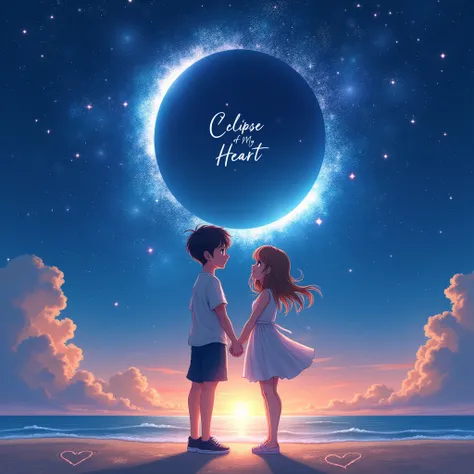 An anime-style illustration titled Eclipse of My Heart. The scene is set on a summer night. Two characters, a boy and a girl, are depicted beneath a sky filled with shining stars and a grand, cosmic eclipse. They are standing hand in hand, gazing into each...