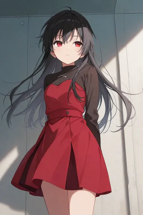 Long black hair red dress