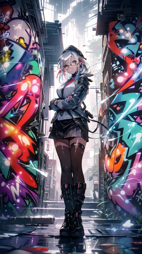 Silver Haired Girl,((Yuki Izumi))(( Big Breasts :0.6)),  red glasses,  Tactical Boots  ,Futuristic gun,Rain environment,  high image quality,8k,  super detailed  ,  surreal(()),masterpiece,  cinematic lighting ,Dramatic lighting,  Dramatic Poses, High Defi...