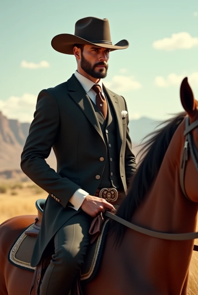 Handsome man with short beard and cowboy hat and suit on a horse 