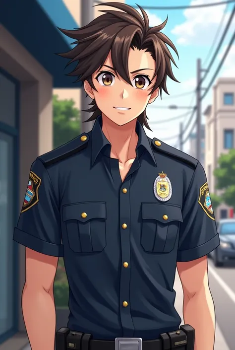 brown eyed anime man with mullet hair with casual face while dressed as a policeman 