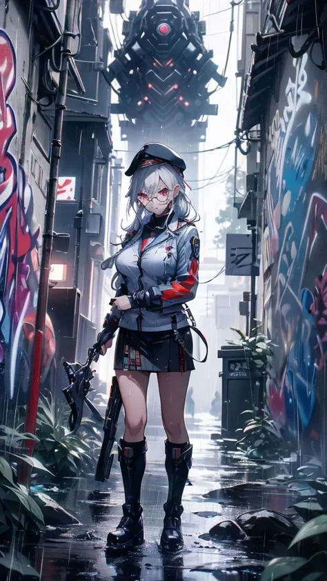 Silver Haired Girl,((Yuki Izumi))(( Big Breasts :0.6)),  red glasses,  Tactical Boots  ,Futuristic gun,Rain environment,  high image quality,8k,  super detailed  ,  surreal(()),masterpiece,  cinematic lighting ,Dramatic lighting,  Dramatic Poses, High Defi...