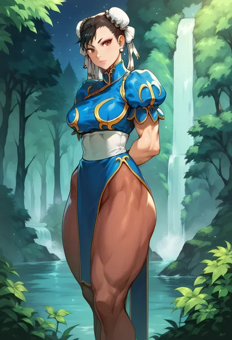 Chun-li,beautiful young woman in a classic blue uniform,  thick thighs , beautiful sexy thighs,a little muscular,  hair tied , no tights,  forest,night starry sky, standing alone.Alone,