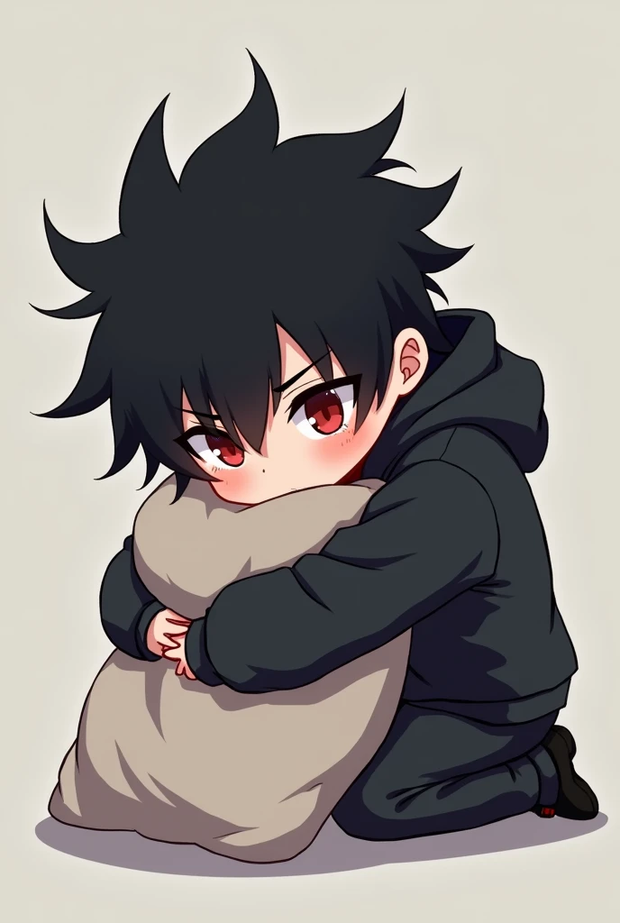 Anime boy , Spiky hair , black hair , black hoodie , red eyes , narrowed eye , handsome , chibi , blushed , sad , kneeling down , hugging a pillow and lost in thoughts
 