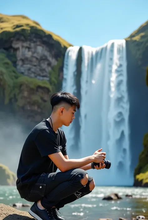  a handsome young man of Korean race smile thin undercut hair , wear a black t-shirt with the words Aries on the shirt , black jeans with torn pattern  , sneakers ,  crouching near a beautiful waterfall bright blue sky  ,  in hand there is a shoot camera  ...