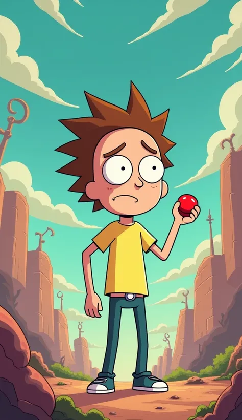 Morty with a push button in his hand.  cartoon style.