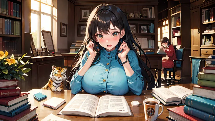 embarrassed woman having big tits, tiger with a clear and detailed face, animal, doll, one room, warm, studying, books, coffee