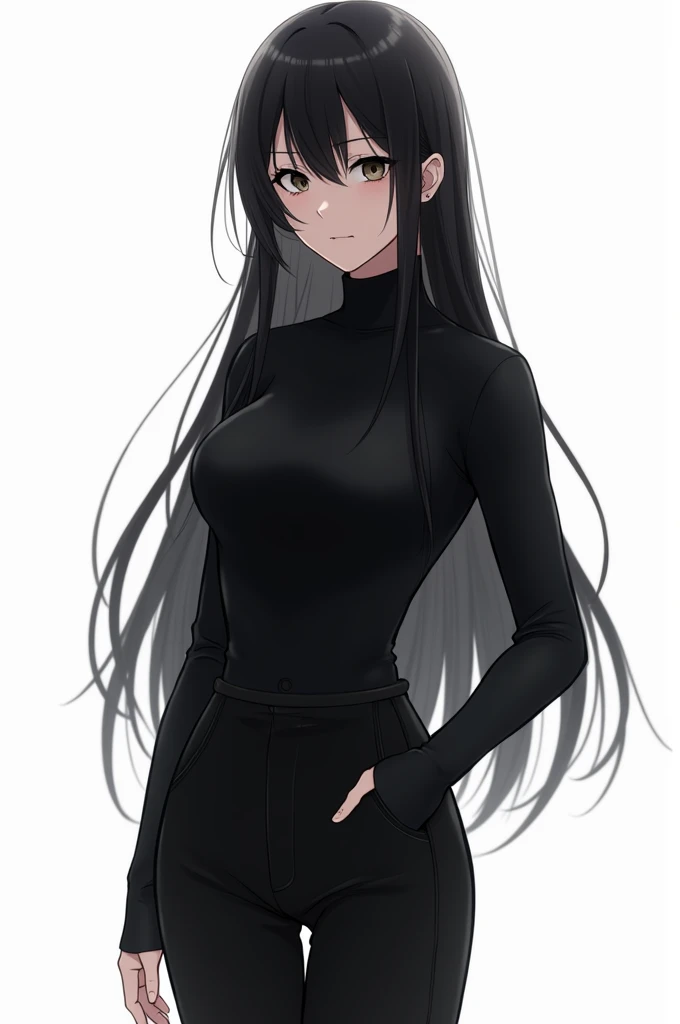 Anime perempuan rambut hitam panjang pakai baju hitam ad turtleneck pakai celana hitam pendek bangs putih 