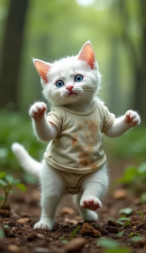 A wild white cat kitten dancing in one underpants in the woods　 blur background　 big eyes　 blue eyes　 dirtyｔ shirt