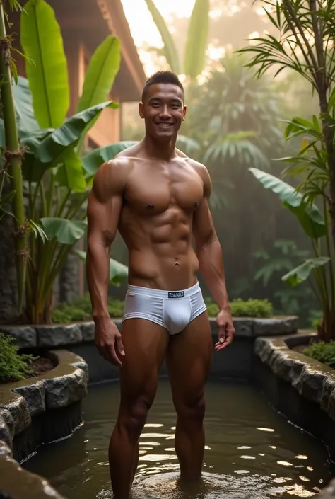 Make me a sixpack bodied Indonesian Sundanese young man wearing a white brief with bulge bulge with buzz cut hair taking a shower with doggy styleposition in a traditional well with ornamental bamboo plants and tropical plants floor mat made of mossy wood ...