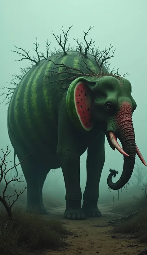 A monstrous and macabre hybrid creature that combines an African elephant and a watermelon, located in a dark and desolate savannah. Its body is deformed, with dark green skin splitting to reveal pulsating red pulp with black seeds, while its twisted trunk...