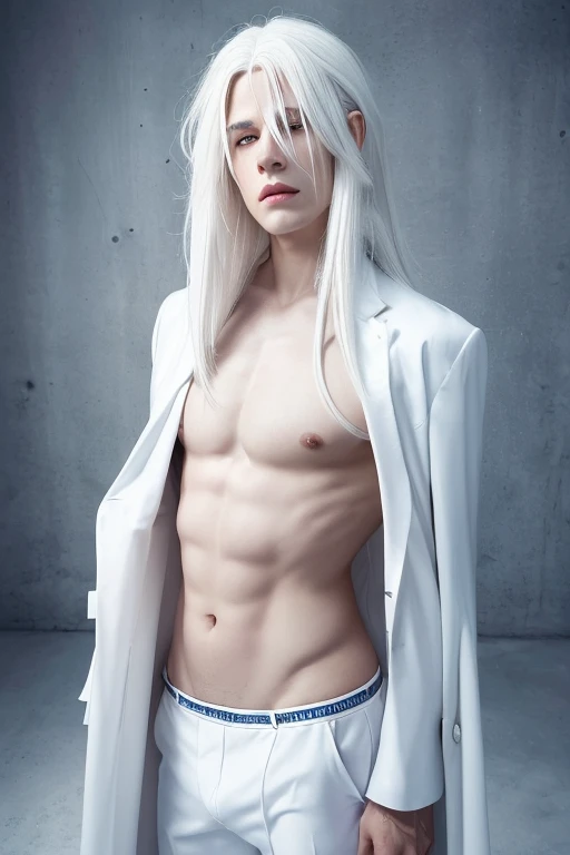 masterpiece,  top quality , Alone , ( perfect face:1.1), ( high detail:1.1), dramatic, (1 person),  blue-white skin, (Long pure white hair :1.4), White Eyes,  Otto Sepparainen , Alone,  long hair,  White Luxury Suit ,  covered navel , snob, albino,  plump ...